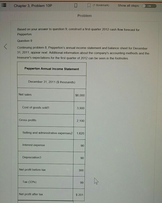 #10. Construct a first-quarter 2012 cash flow forecast for Pepperton. Pepperton