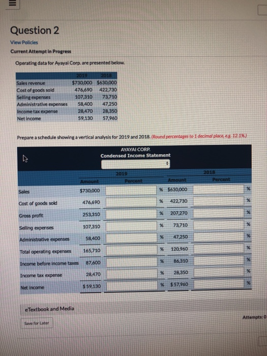  Question 2 View Policies Current Attempt in Progress Operating data for