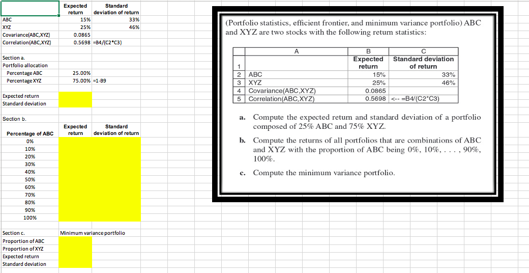 (Portfolio statistics, efficient frontier, and minimum variance portfolio) ABC and XYZ