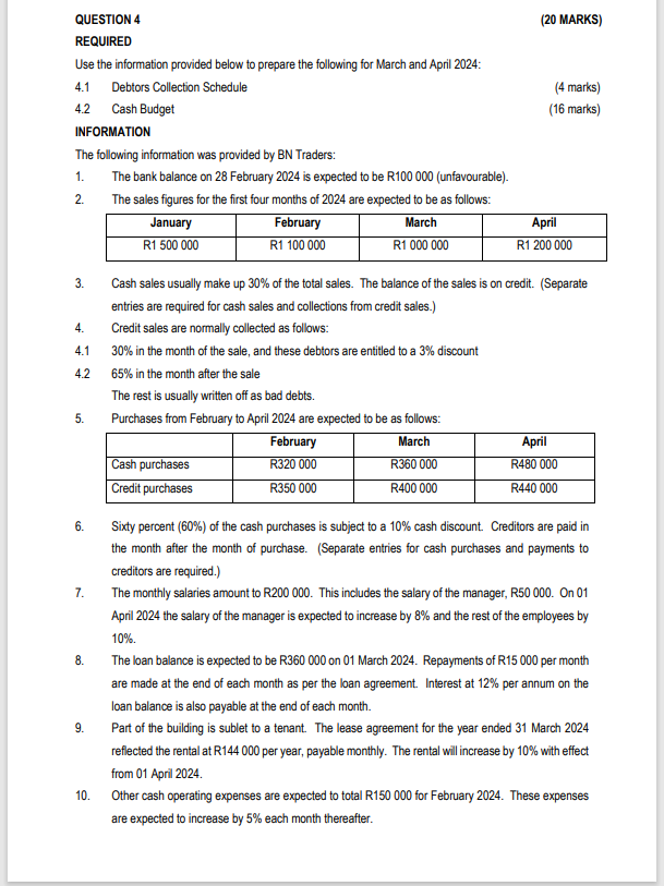 QUESTION 4 (20 MARKS) REQUIRED Use the information provided below to