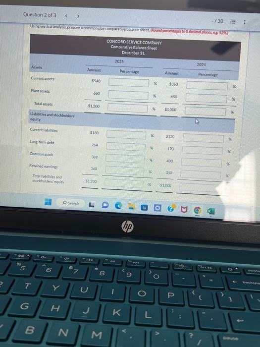 Concord Service Company appears below: Using harizontal analyis, show the percentage change