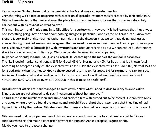 Task III 30 points Yes, whatever Nils had been told came