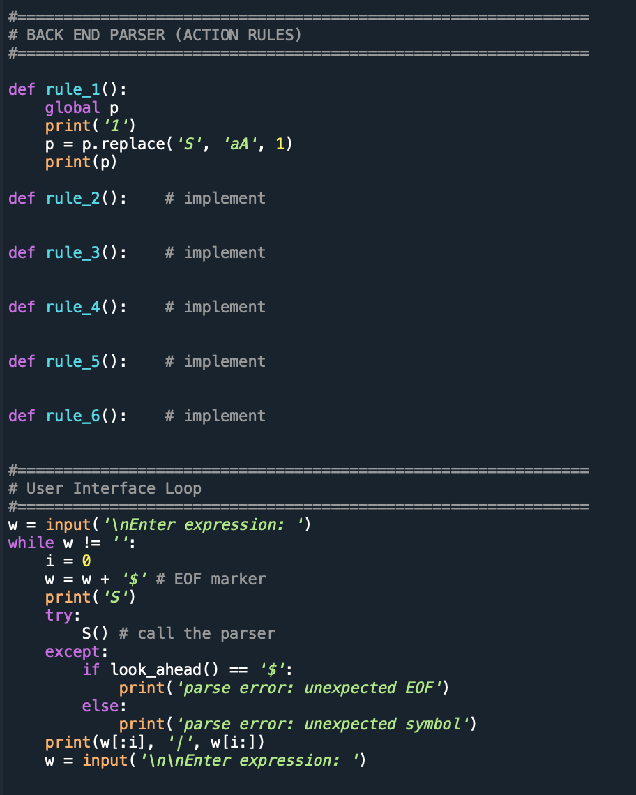 parser.- Implement def A(), def B(), def rule_2(), def rule_3(), def rule_4(),