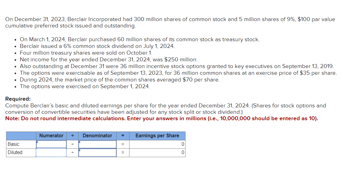 Compute Berclairs basic and diluted earnings per share for the year ended