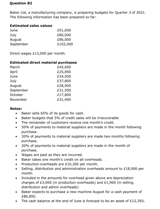  Question B2 Baker Ltd, a manufacturing company, is preparing budgets for