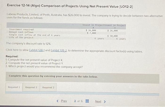  Exercise 12-14 (Algo) Comparison of Projects Using Net Present Value [LO12-2]
