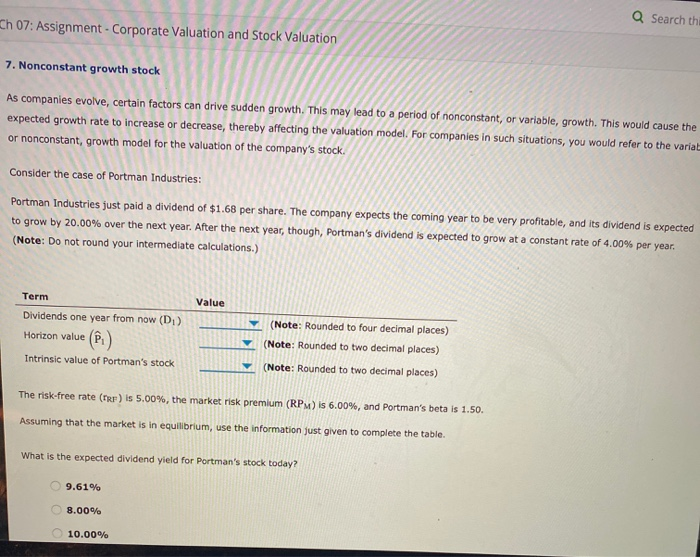  Q Search thi Ch 07: Assignment - Corporate Valuation and Stock