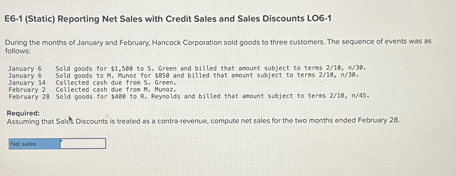  E6-1(Static) Reporting Net Sales with Credit Sales and Sales Discounts LO6-1