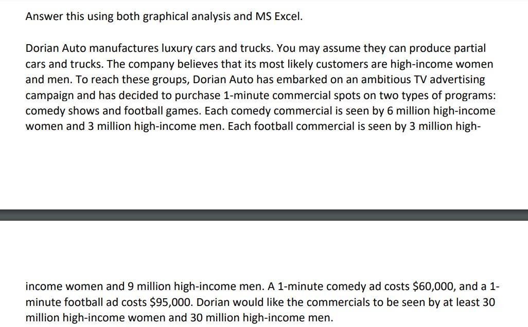  Answer this using both graphical analysis and MS Excel. Dorian Auto