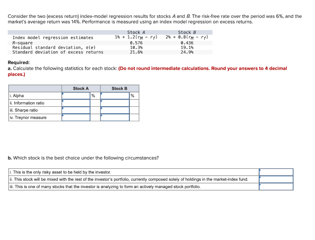  Consider the two (excess return) index-model regression results for stocks A