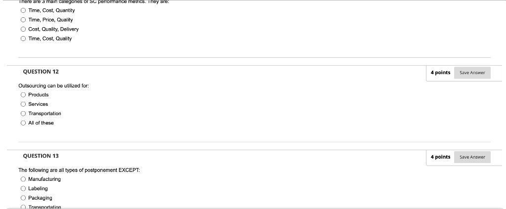 Time, Cost, Quantity Time, Price, Quality Cost, Quality, Delivery Time, Cost,