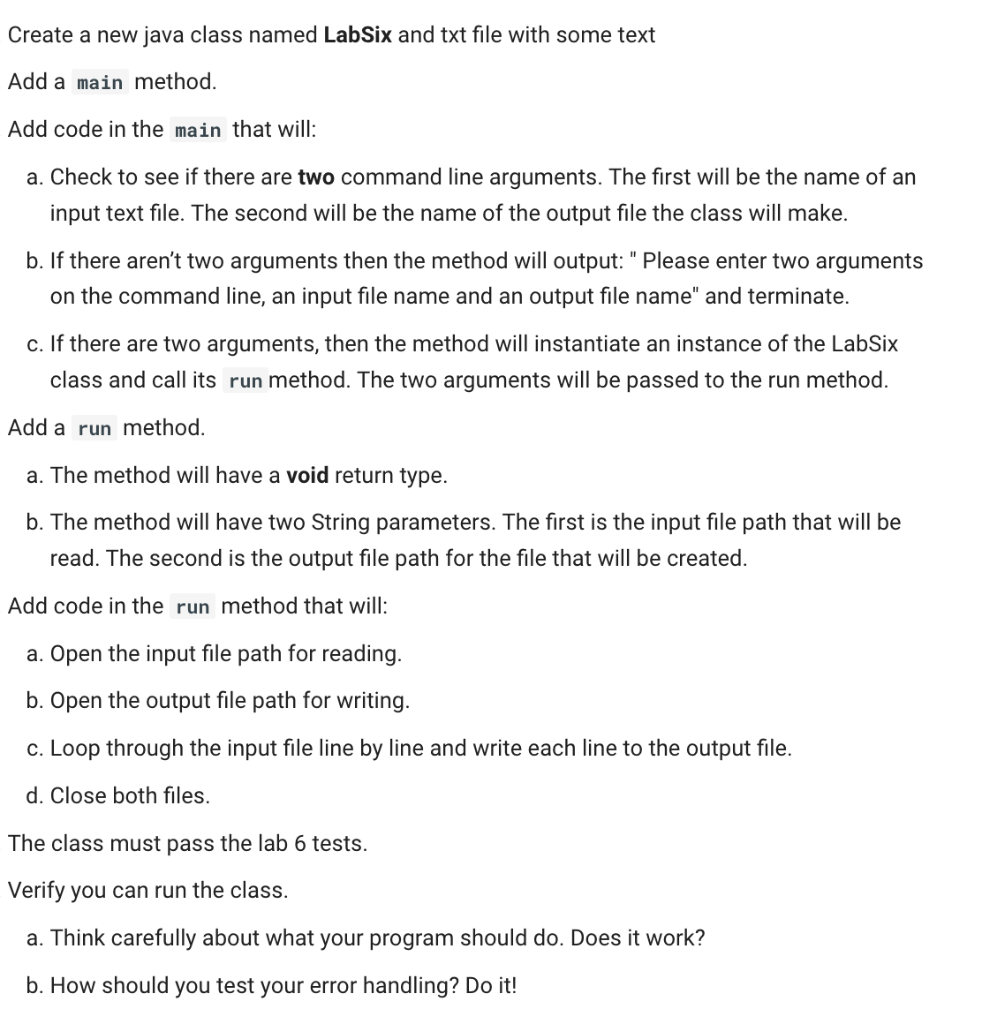 In JAVA Create a new java class named LabSix and txt file