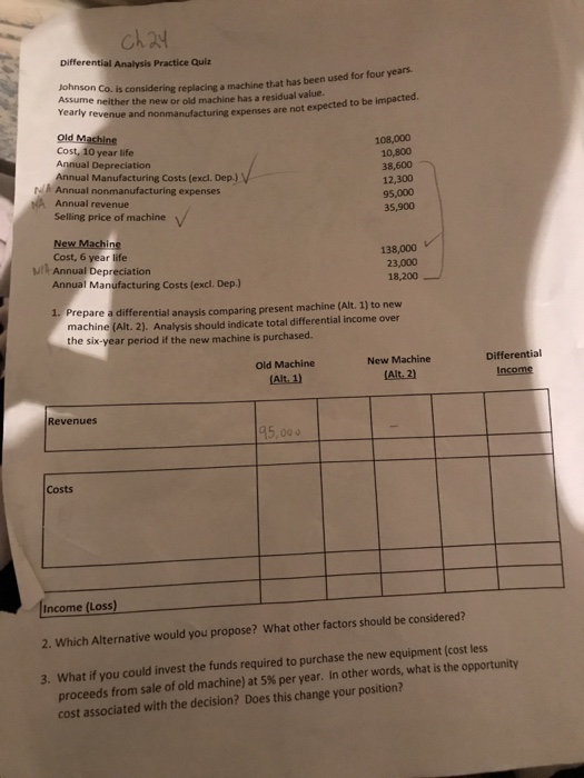 please help and explain ch24 Differential Analysis Practice Quiz sconsidering replacing a