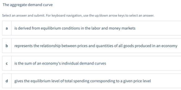  The aggregate demand curve Select an answer and submit. For keyboard