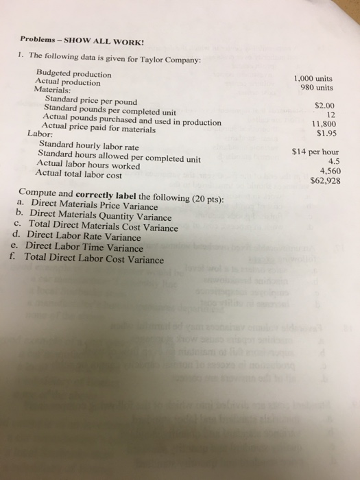  Problems SHOW ALL WORK! 1. The following data is given for