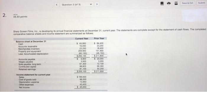  Save & Exit Submit Question 2 (of 3) 2. velue 33.33