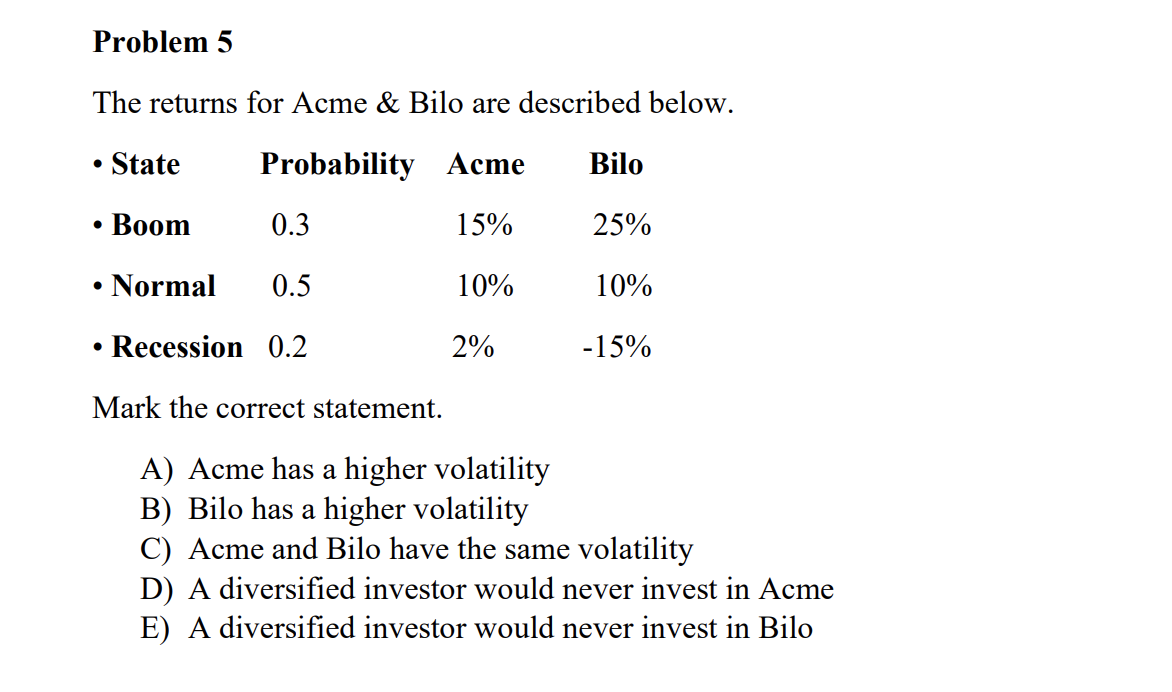 Problem 5 The returns for Acme & Bilo are described below.