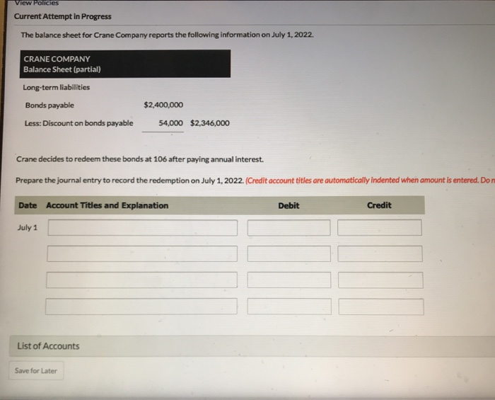  View Policies Current Attempt in Progress The balance sheet for Crane
