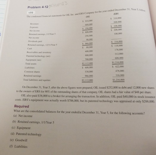  show working please Problem 4-12 m e Year LOZ On Inc.