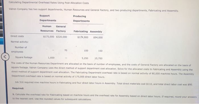 1 question 3 parts Calculating Departmental Overhead Rates Using Post-Allocation Costs