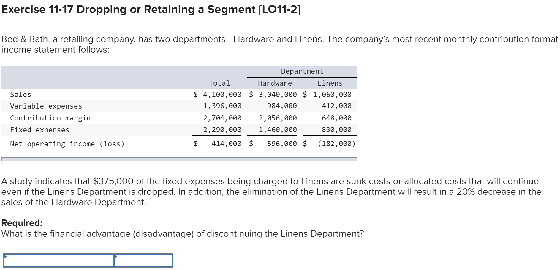  Exercise 11-17 Dropping or Retaining a Segment (LO11-2] Bed & Bath,