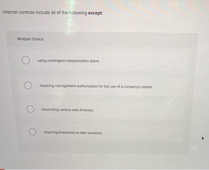  Internal controls include all of the following except: Multiple Choice using
