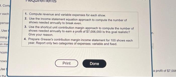 variable expenses for each show. 2. Use the income statement equation approach