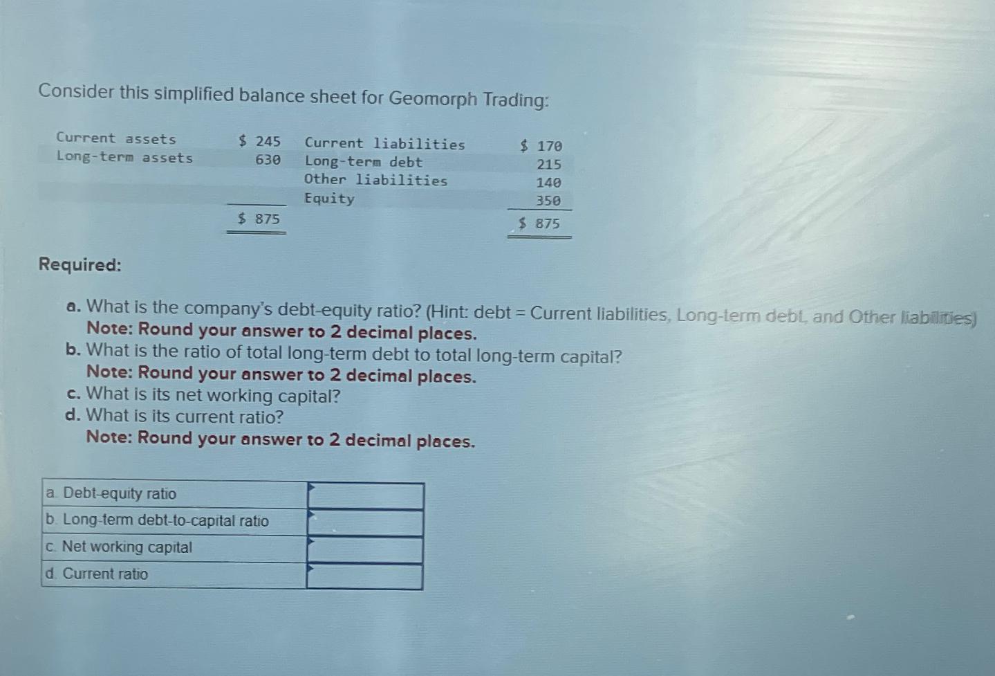  Consider this simplified balance sheet for Geomorph Trading: \table[[Current assets,$245,Current liabilities,$170