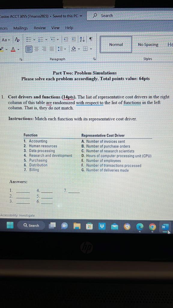 Part Two: Problem Simulations Please solve each problem accordingly. Total points