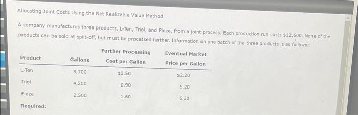  Allocating Joint Costs Using the Net Realizable Value Method A company