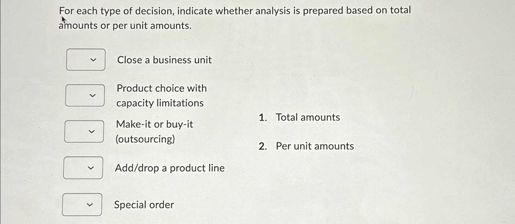  For each type of decision, indicate whether analysis is prepared based