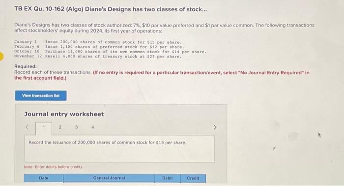  TB EX Qu. 10-162 (Algo) Diane's Designs has two classes of