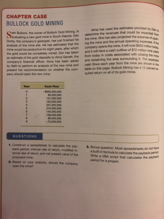 Please Answer questions 1 and 2. CHAPTER CASE BULLOCK GOLD MINING ld