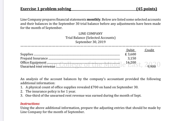 Exercise 1 problem solving (45 points) Line Company prepares financial statements