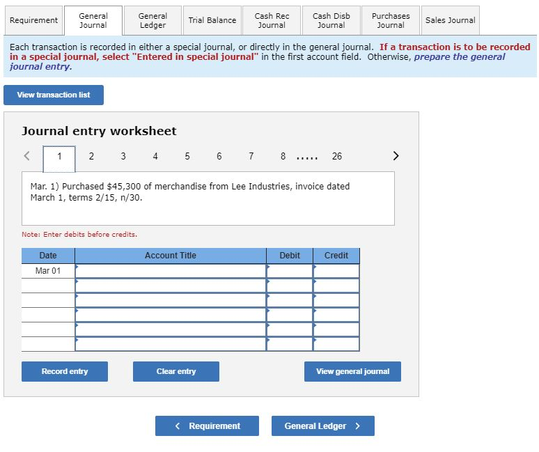 its credit sales are 2/10, n/30). Mar. 1 Purchased $45,300 of merchandise