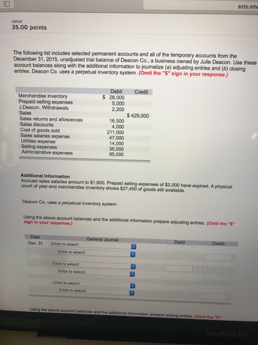  ezto.mhe value: 35.00 points The following list includes selected permanent accounts