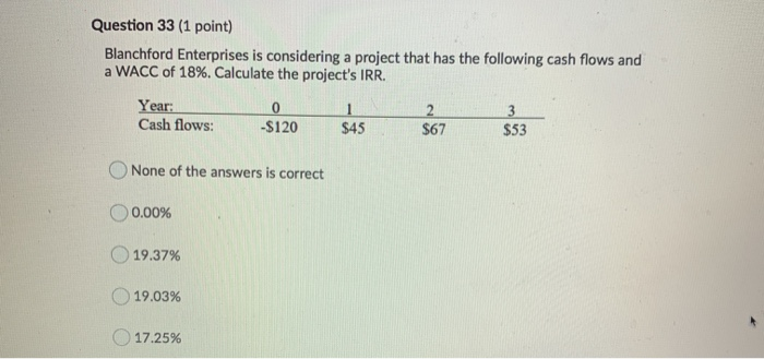  Question 33 (1 point) Blanchford Enterprises is considering a project that
