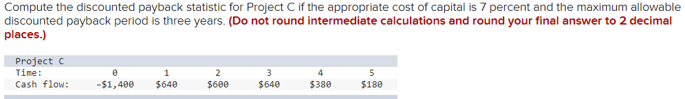 Compute the discounted payback statistic for Project C if the appropriate