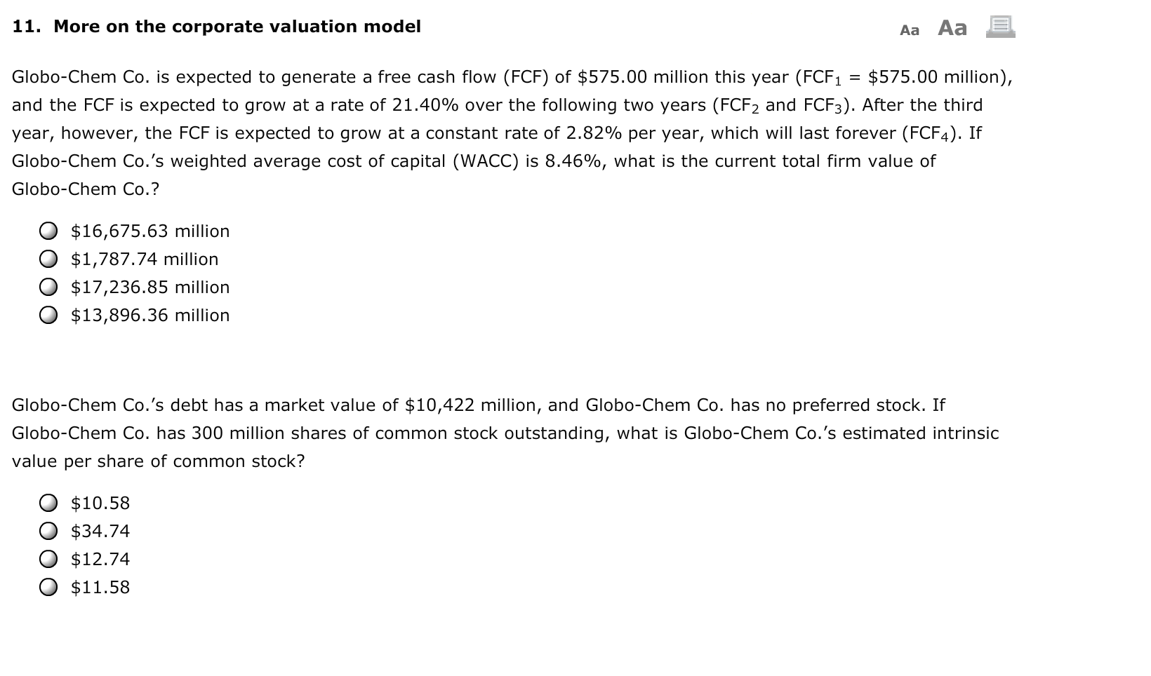  11. More on the corporate valuation model Aa Aa E Globo-Chem