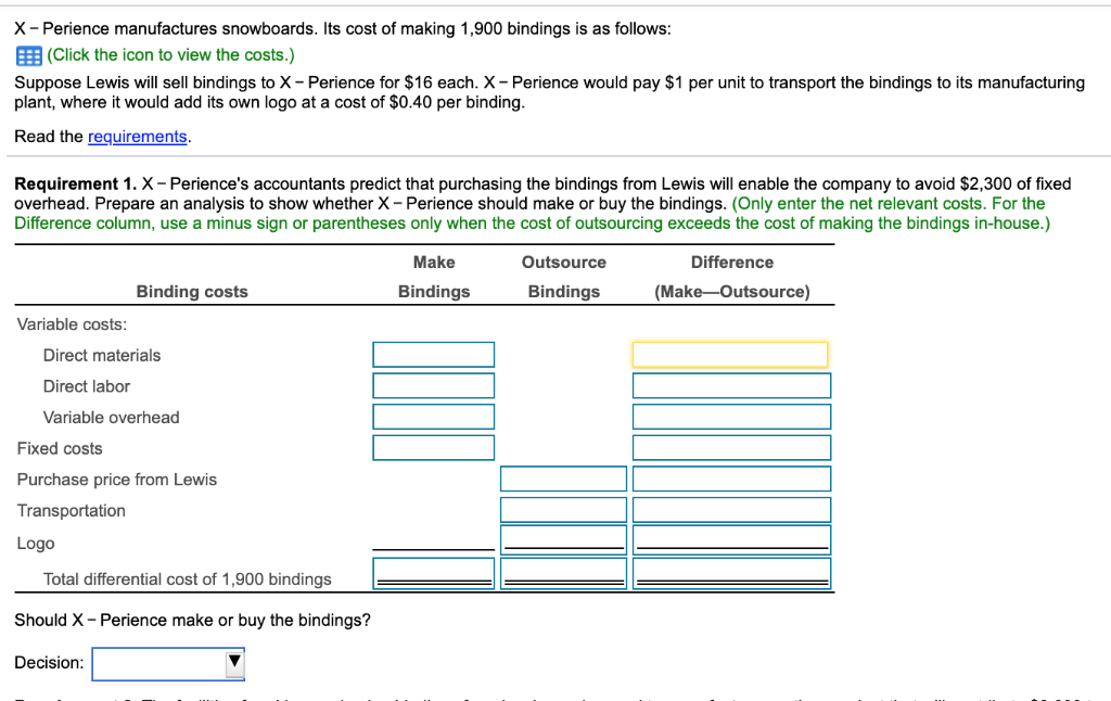 7,000 $ 30,080 Total manufacturing costs for 1,900 bindings X-Perience manufactures snowboards.