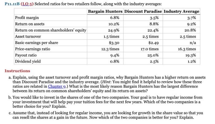 Please use word or excel.Do all please P11.11B (LO 5) Selected ratios