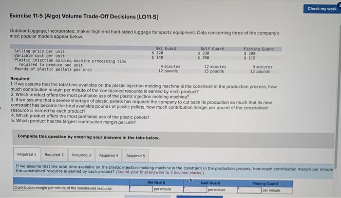 need help solving this, thank you! Exercise 11-5 (Algo) Volume Trade-Off Decisions
