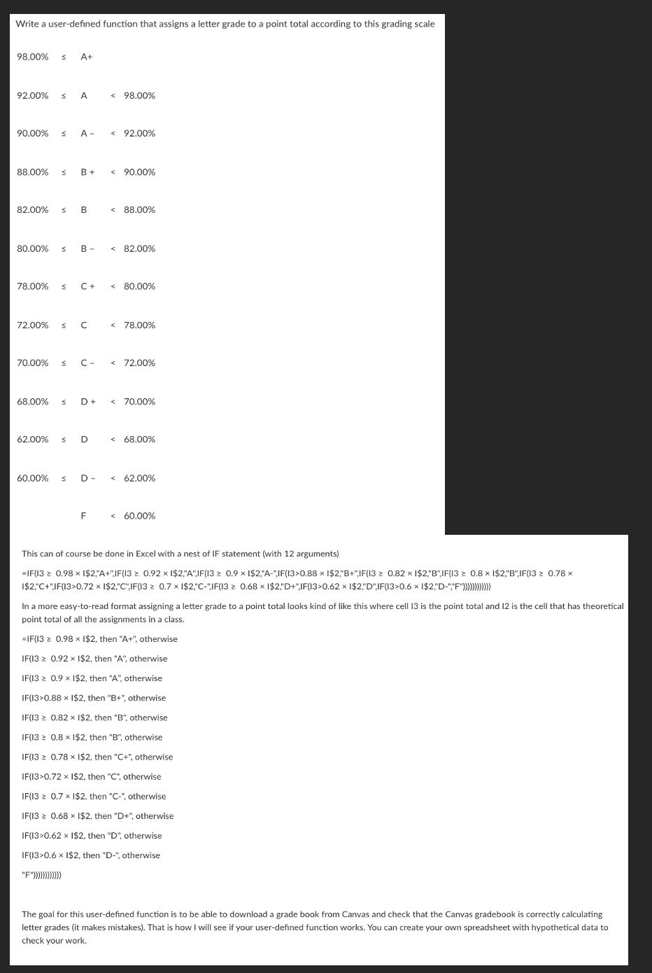  Write a user-defined function that assigns a letter grade to a