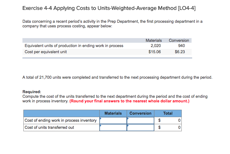  Exercise 4-4 Applying Costs to Units-Weighted-Average Method [LO4-4] Data concerning a