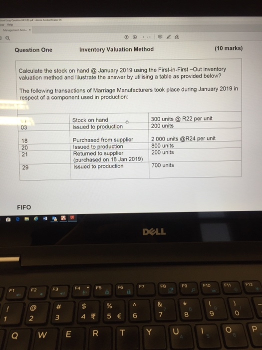  Question One Inventory Valuation Method (10 marks) Calculate the stock on