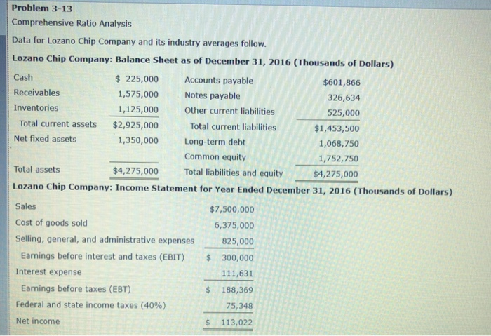  Problem 3-13 Comprehensive Ratio Analysis Data for Lozano Chip Company and