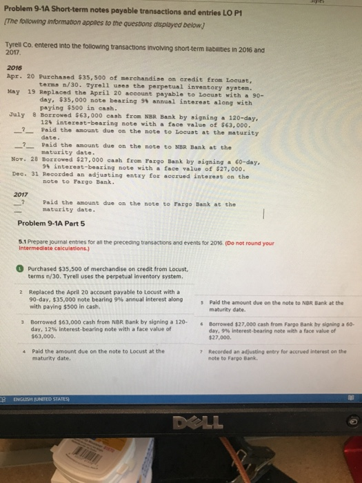  Problem 9-1A Short-term notes payable transactions and entries LO P1 [The