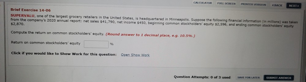  CALCULATOR FULL SCREEN PRINTER VERSION 4 BACK NEXT Brief Exercise 14-06