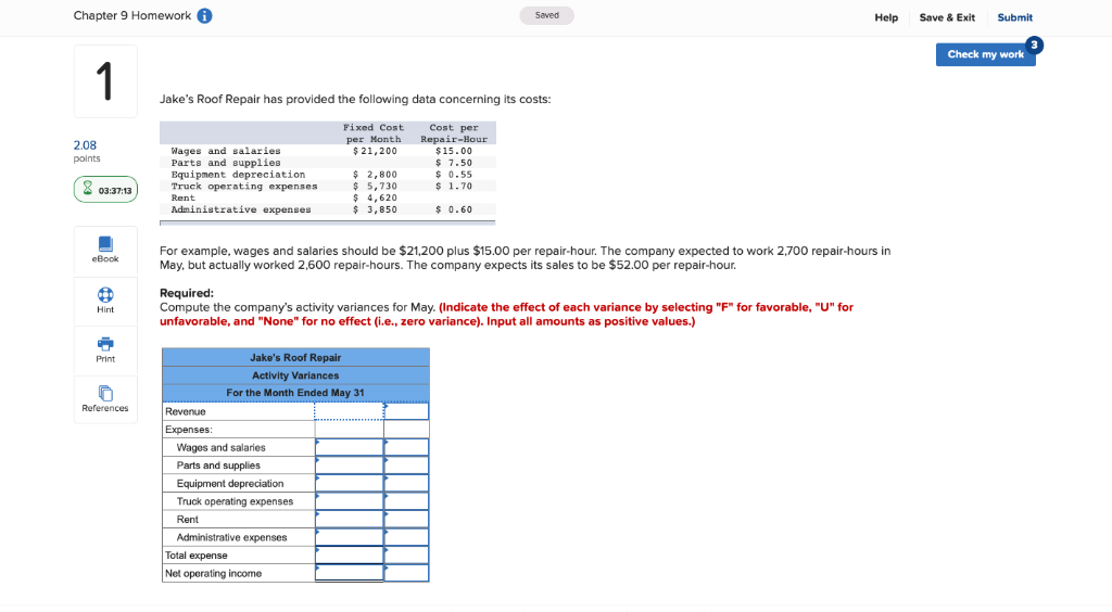 Chapter 9 Homework Saved Help Save & Exit Submit Check my