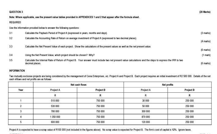  QUESTION 3 (20 Marks) Note: Where applicable, use the present value